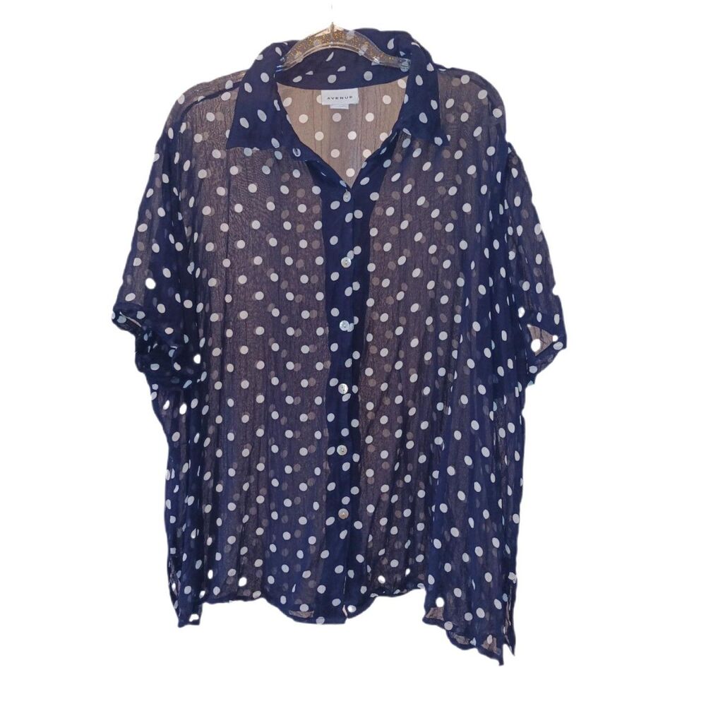 Avenue Sheer Navy and White Polka Dot Blouse Size 26/28 Summer Cool Officewear